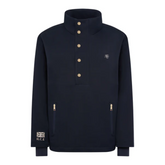 Navy jacket with gold buttons down the front on a white background